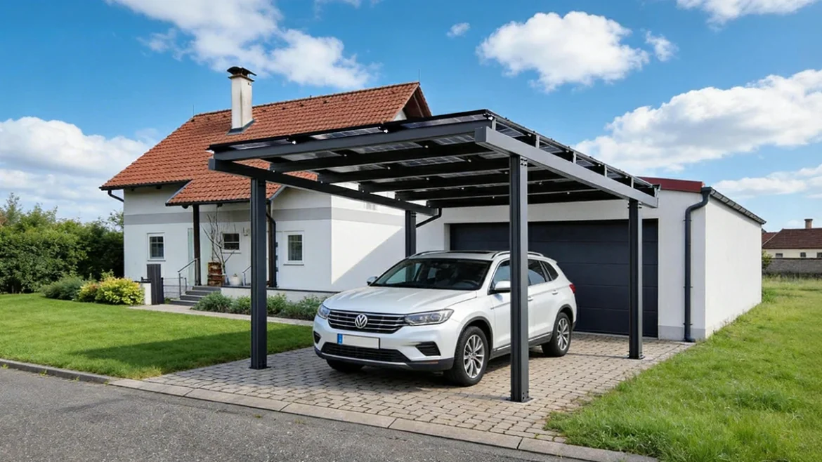 Aluminum solar carport with photovoltaic canopy over parking spaces