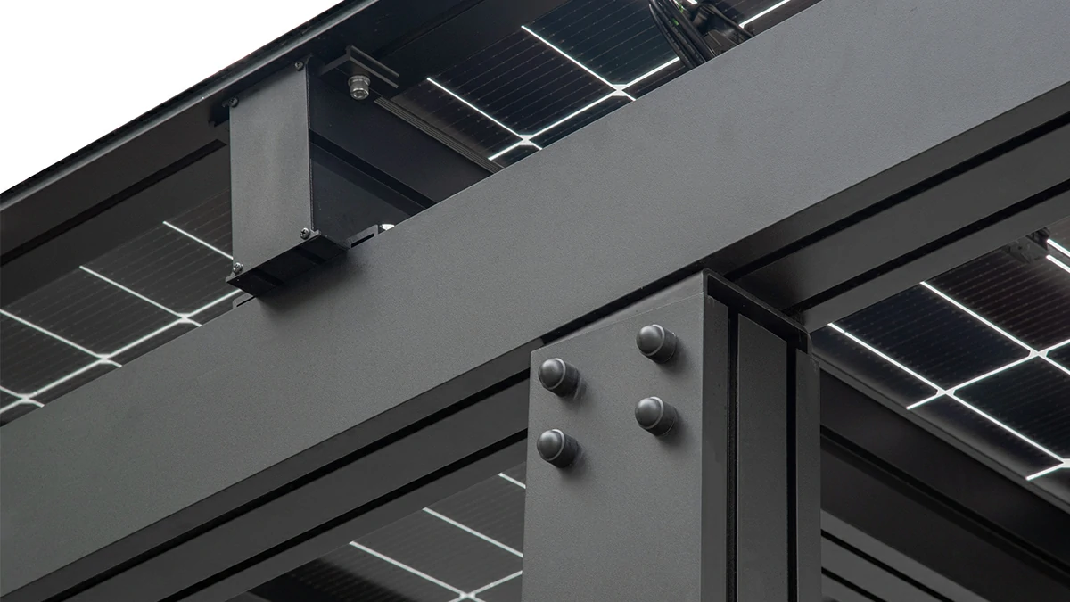 Anodized aluminum connection detail on a solar carport frame